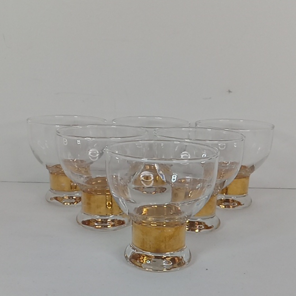Vintage MCM Clear & Gold Accented Weighted Bottomed Cocktail Bar Glasses Set 6
